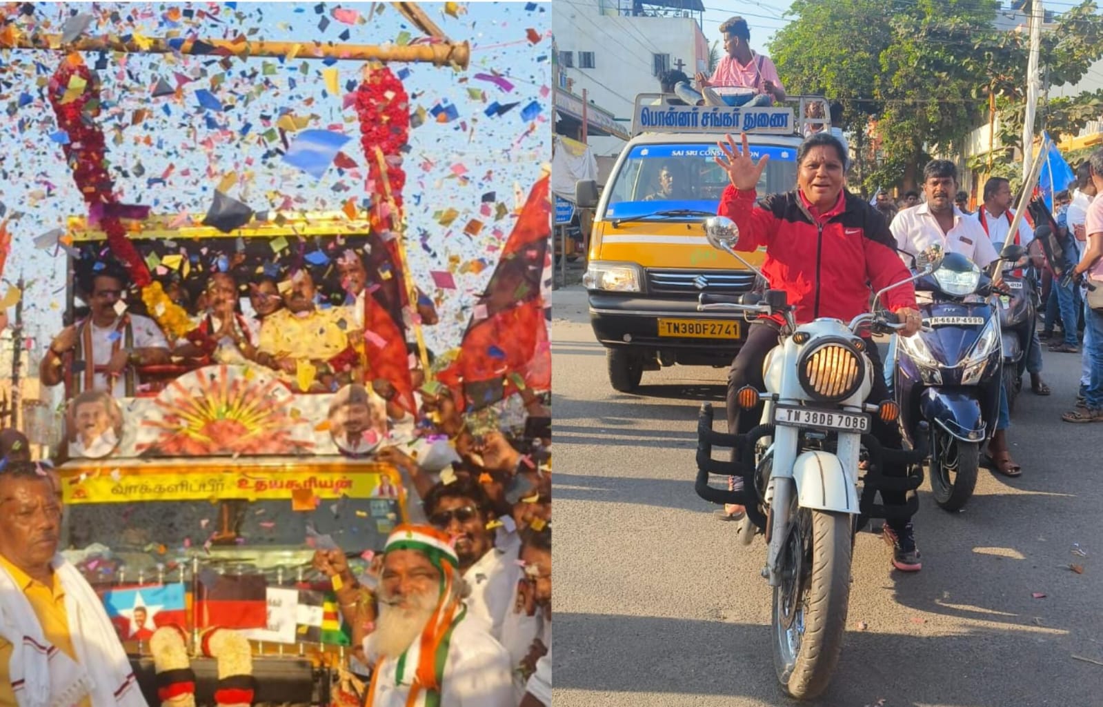 கோவை திமுக வேட்பாளருக்கு கிரேனில் மாலை அணிவிப்பு, புல்லட்டில் வாக்கு சேகரிக்கும் பெண் தொண்டர்...